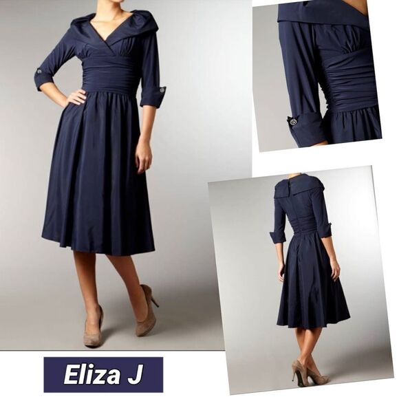 ELIZA J Cuff Sleeve V Neck Ruched Waist Dress - Picture 2 of 13